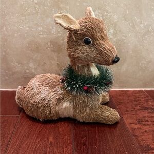 Brown Holiday Straw Reindeer with wreath around neck  Decoration